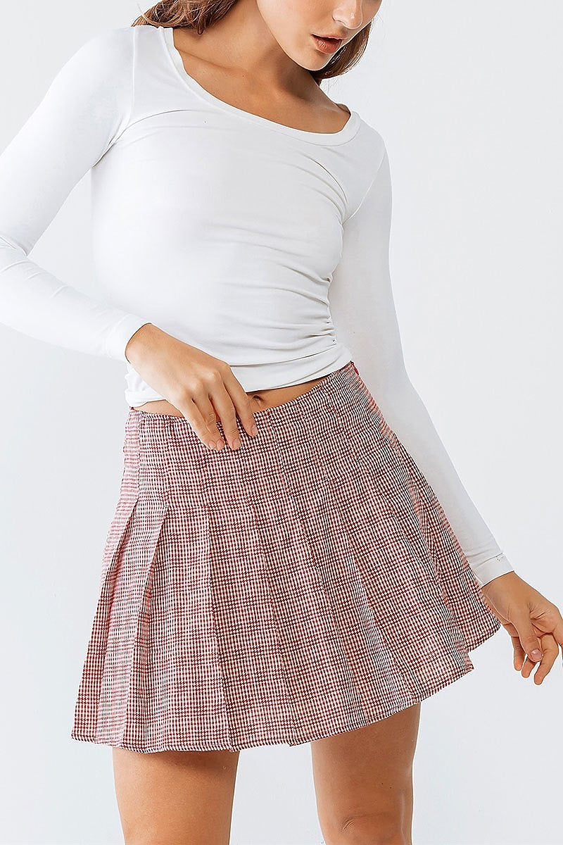 Plaid pleated cotton high waist mini skirt (TDG9942)