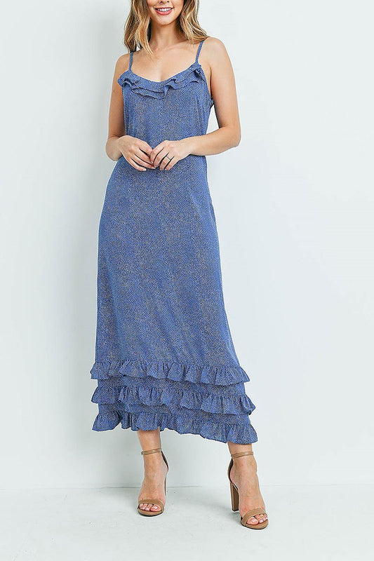 Ruffle detail pin dot print maxi dress (DED6087)