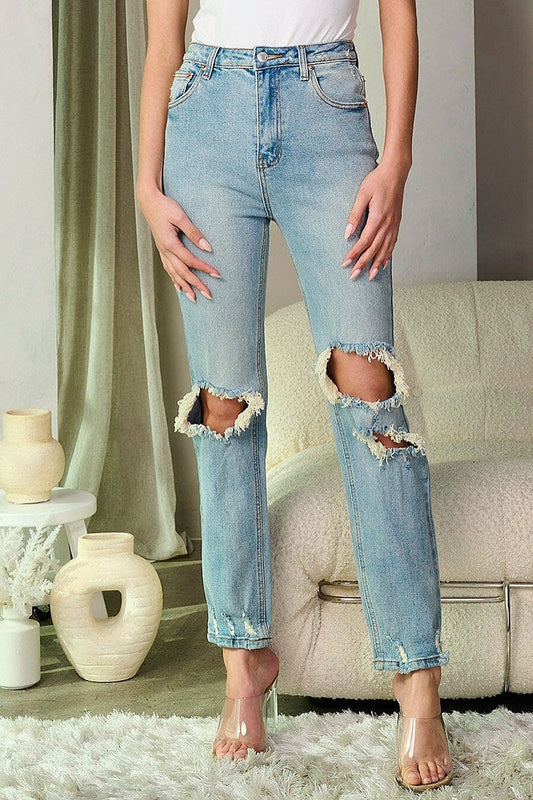 Button closure distress washed denim pants (EFWT9308-1)