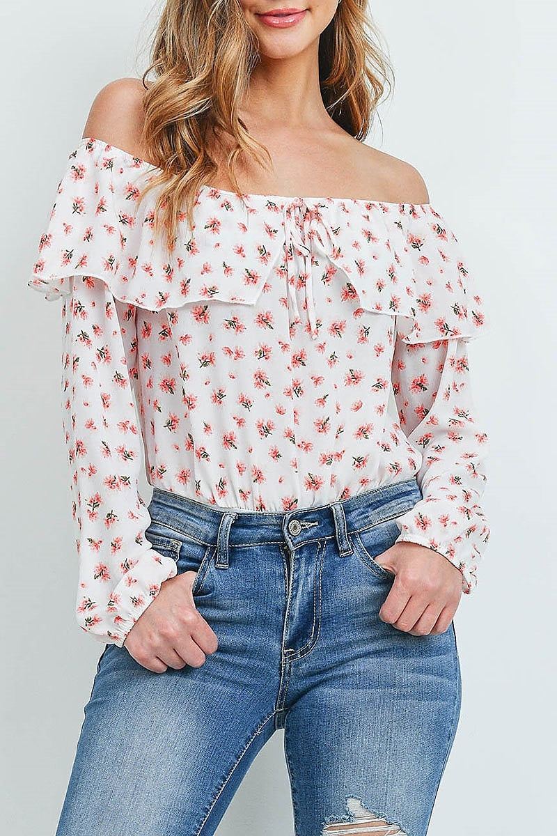 Off shoulder ruffle detail floral print body suit (DGR4664-1)