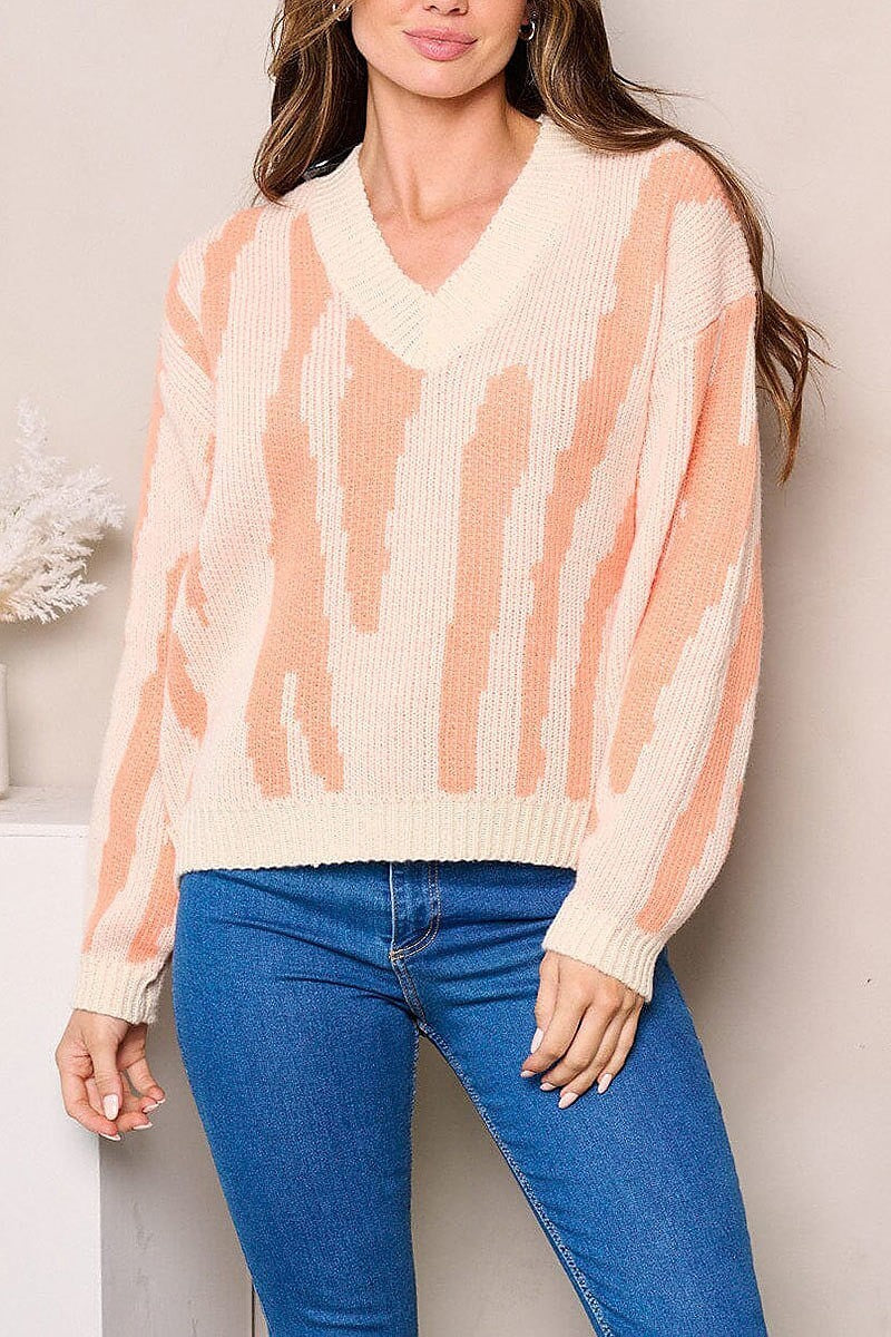 Long sleeves v-neck colorblock sweater (EFWT3861)