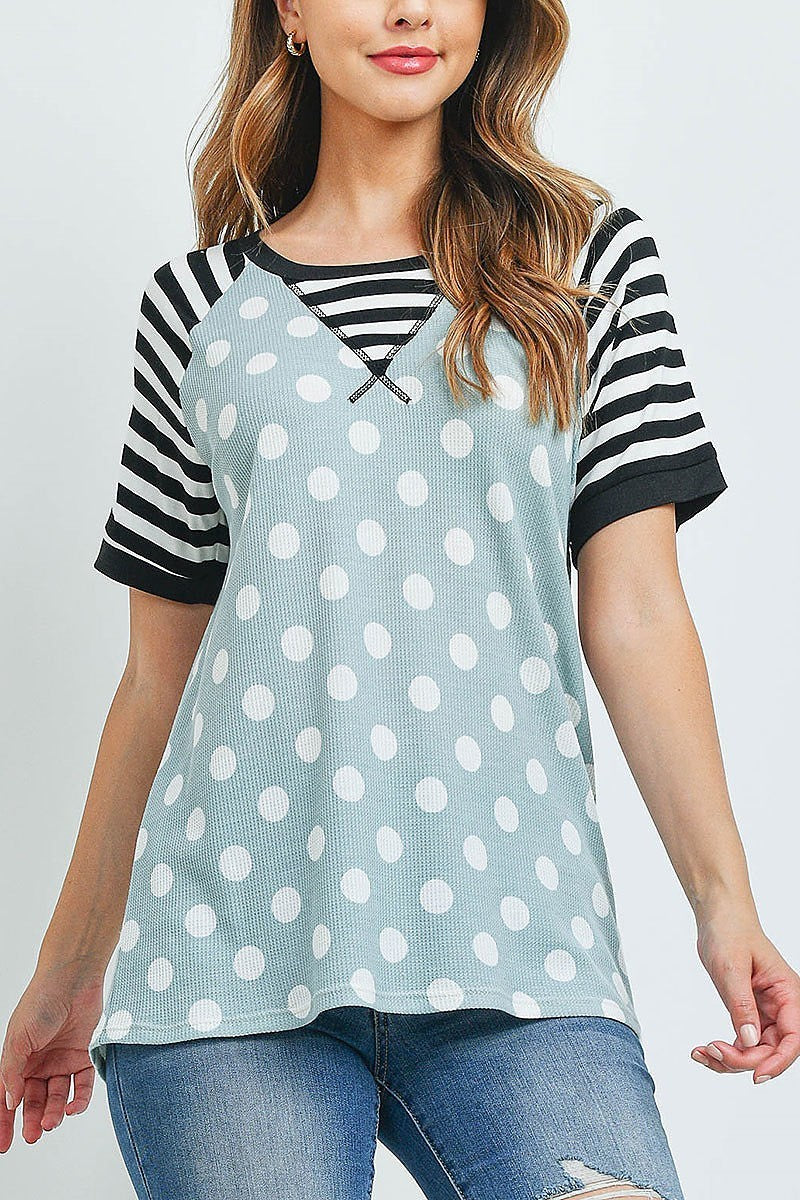 Thermal polka dot stripes neck and sleeve top (EF1965)