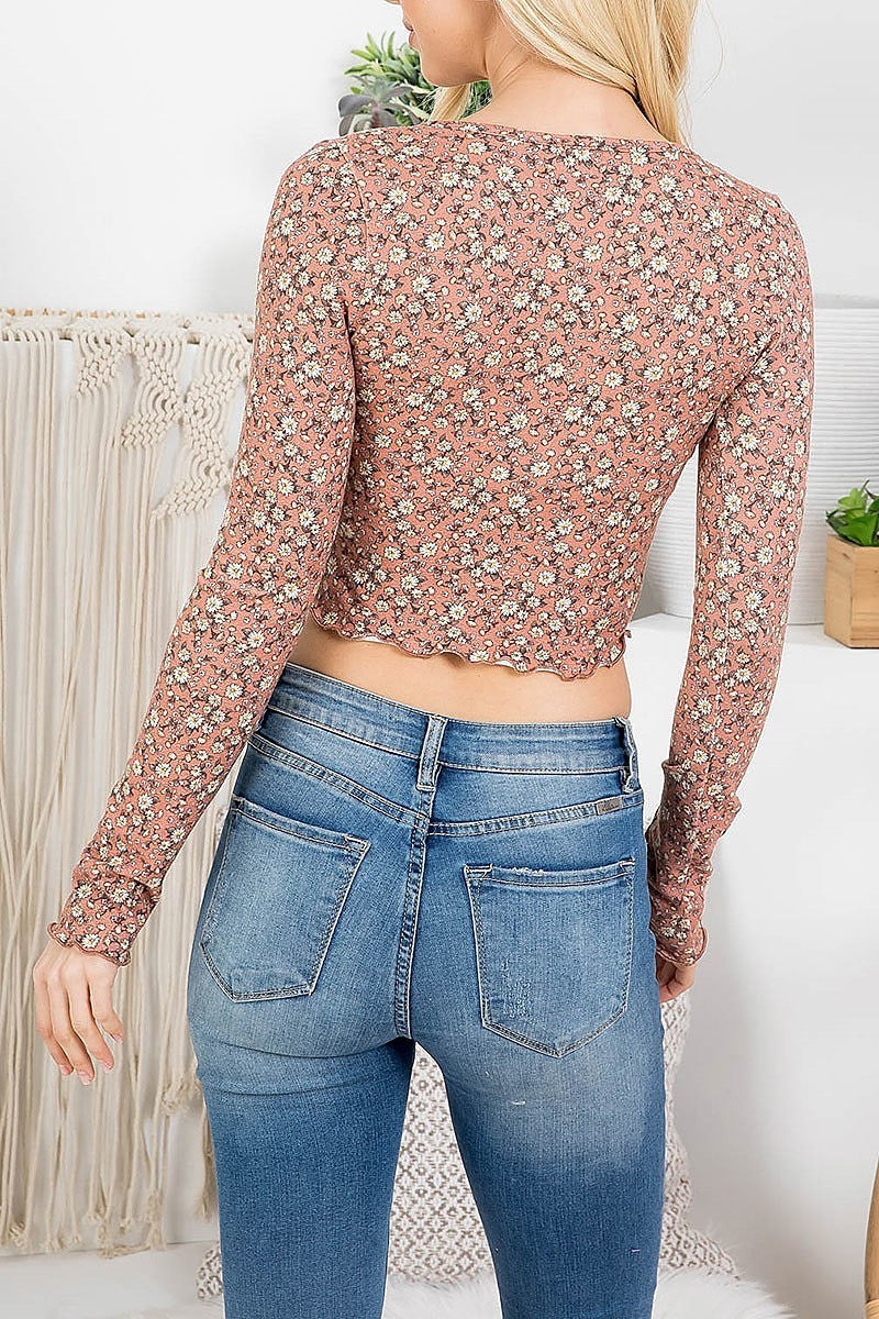 Floral print button front crop top (EF2866)