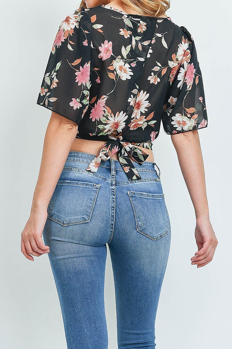 Floral print crop top with chiffon detail (ED8898-2)