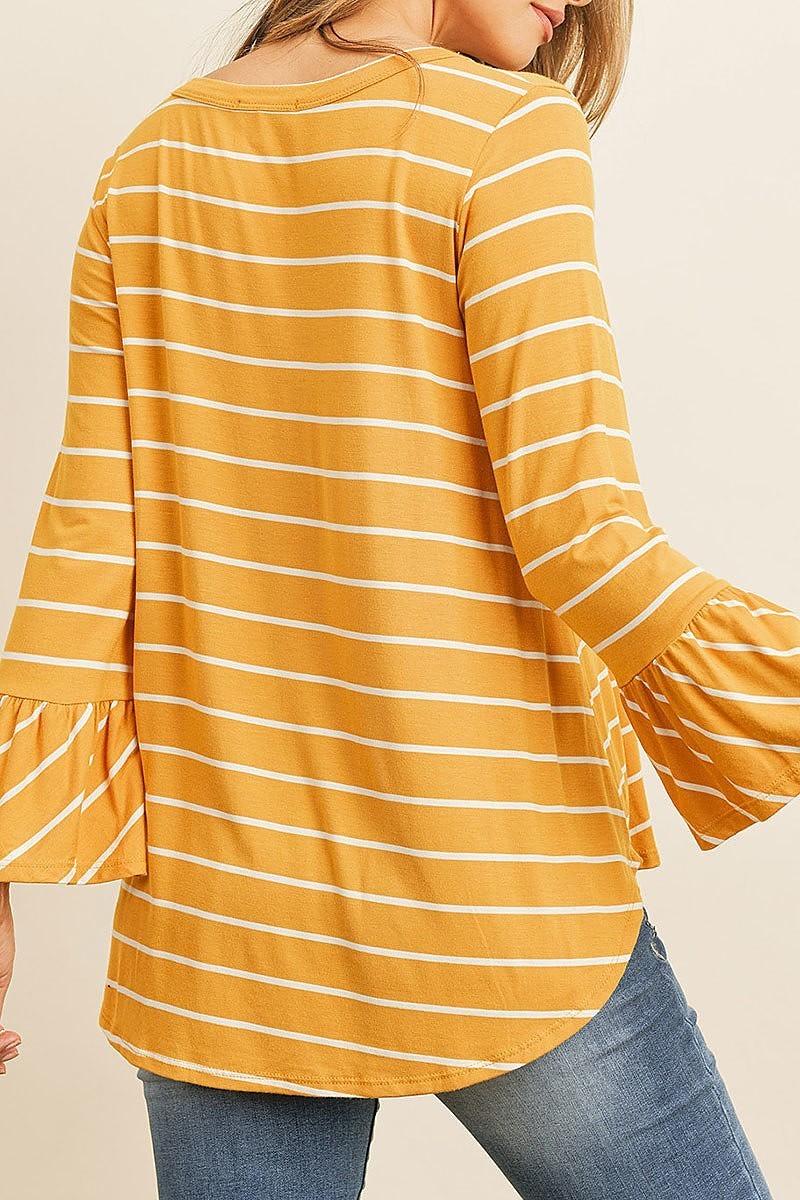 Key hole neck bell sleeve stripe top (ED7841)