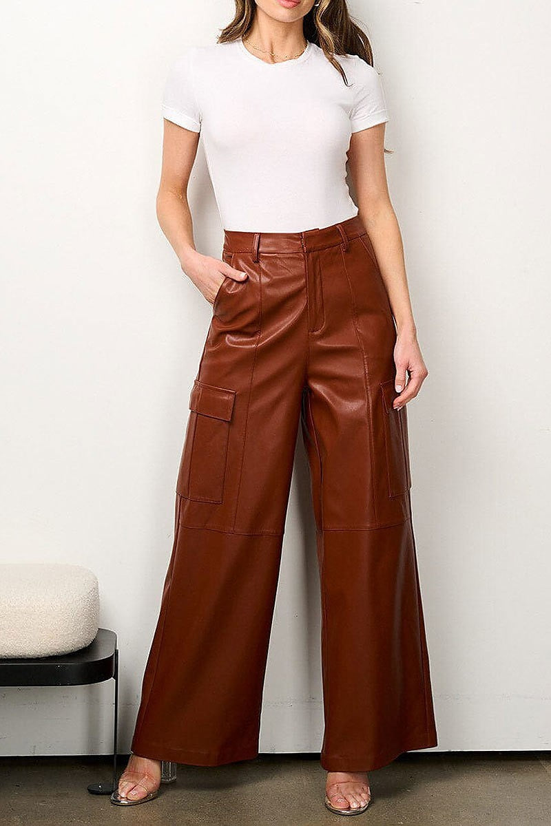 Button closure pu pleather wide leg pants (EFWT6944)