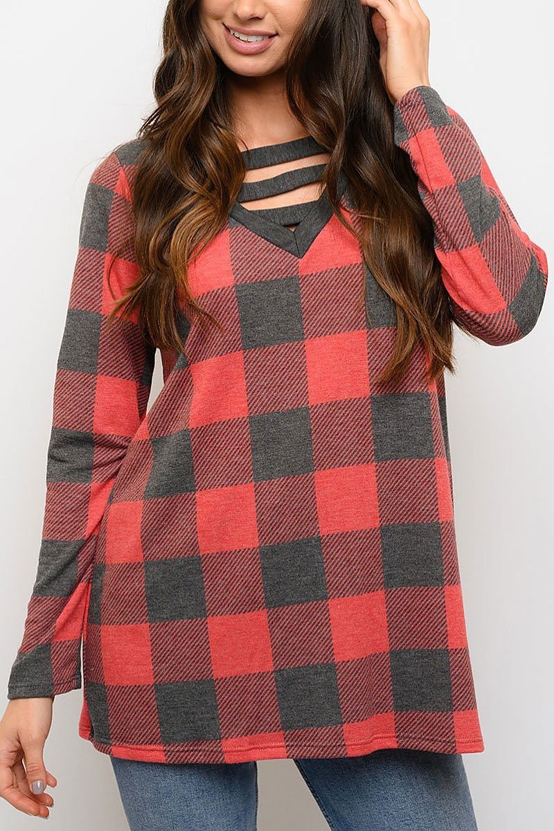 Tunic plaid print long sleeve top (EDWT3301)