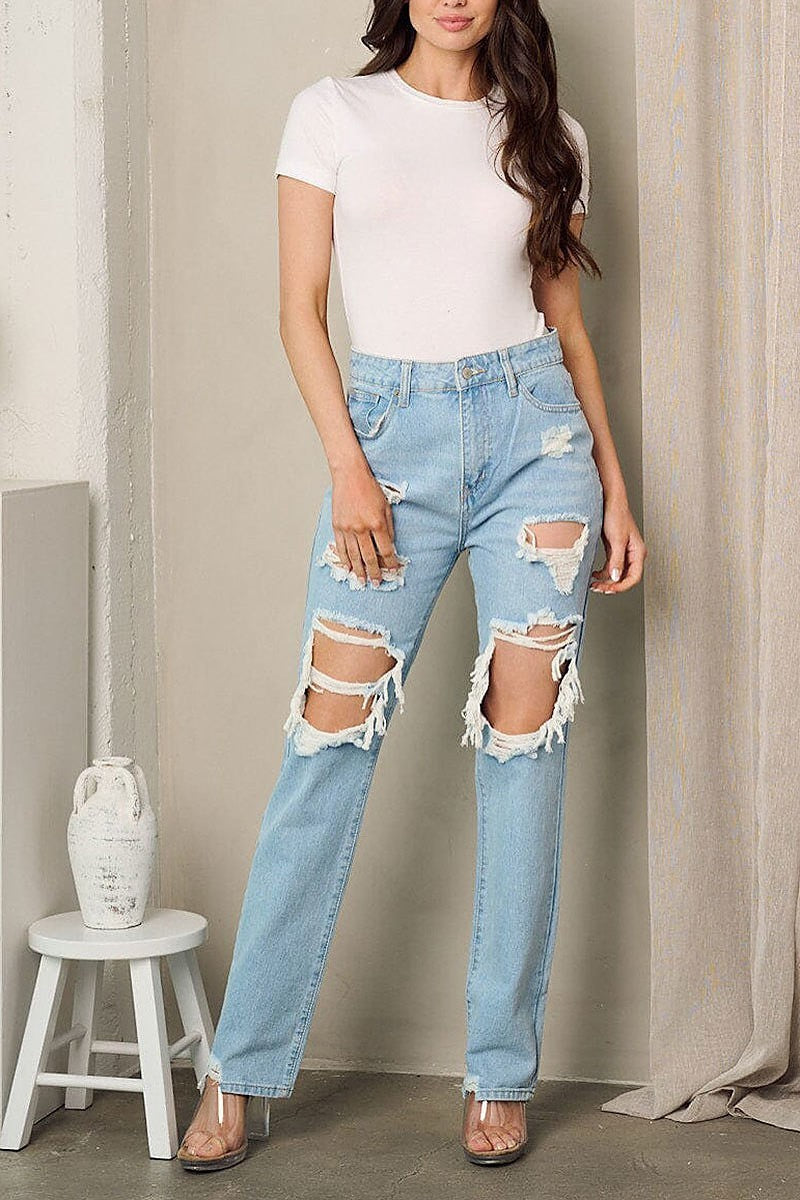 Button closure distressed denim jeans pants (EFWT2298)