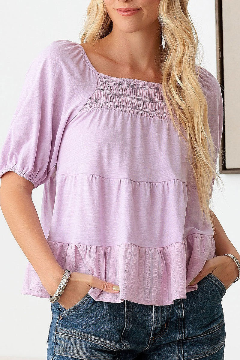 Smoked detail puff sleeve tiered layered top (TED2736)