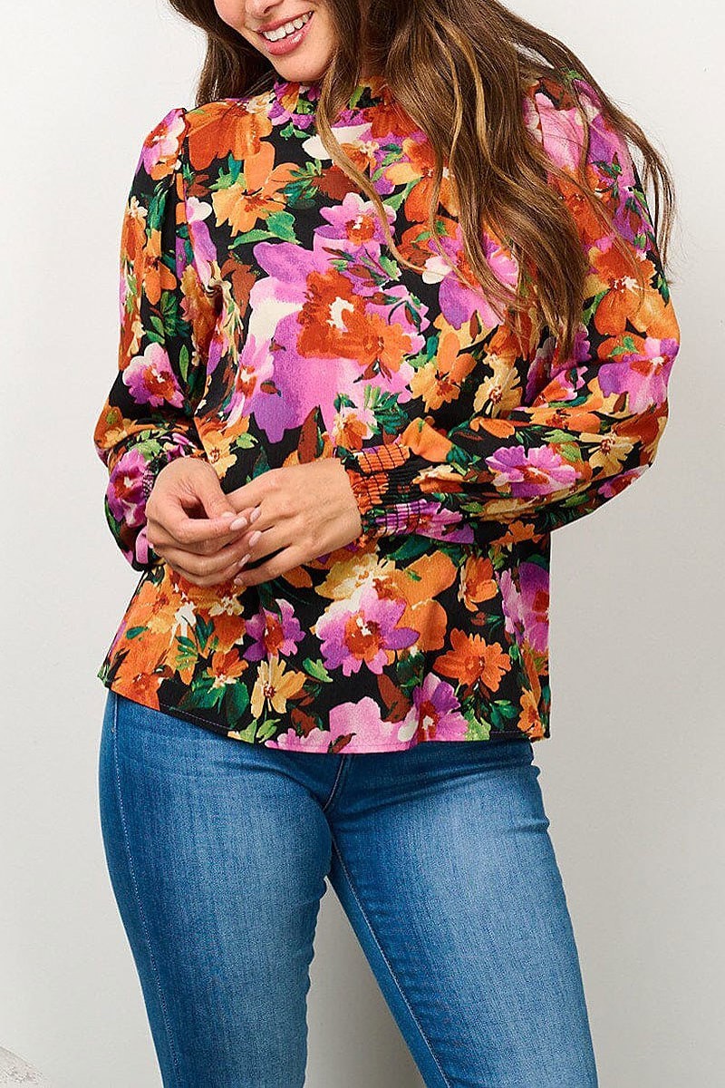 Long sleeve mock neck floral blouse top (EFWT6667)