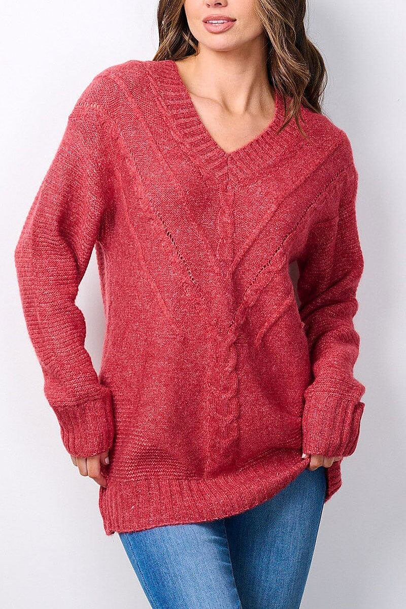 Long sleeve v-neck knitted sweater (EFWT7492)