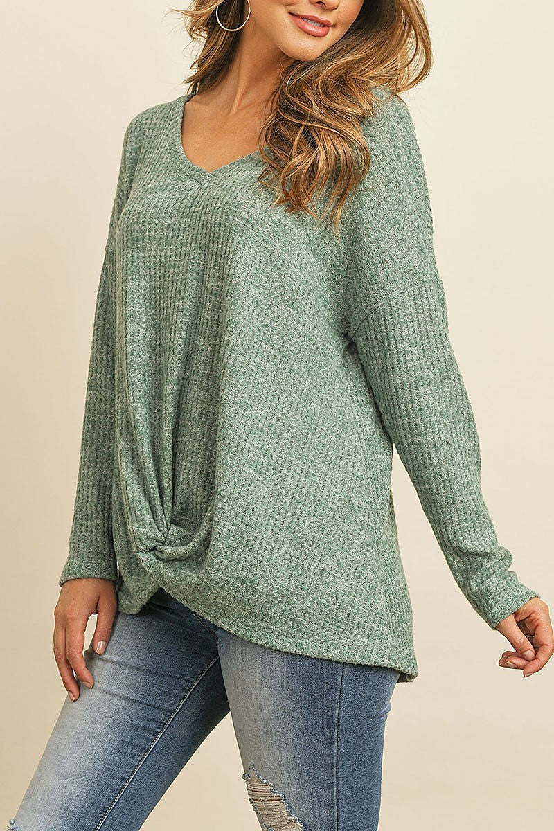 Two toned waffle v neck knot top (ED8549)