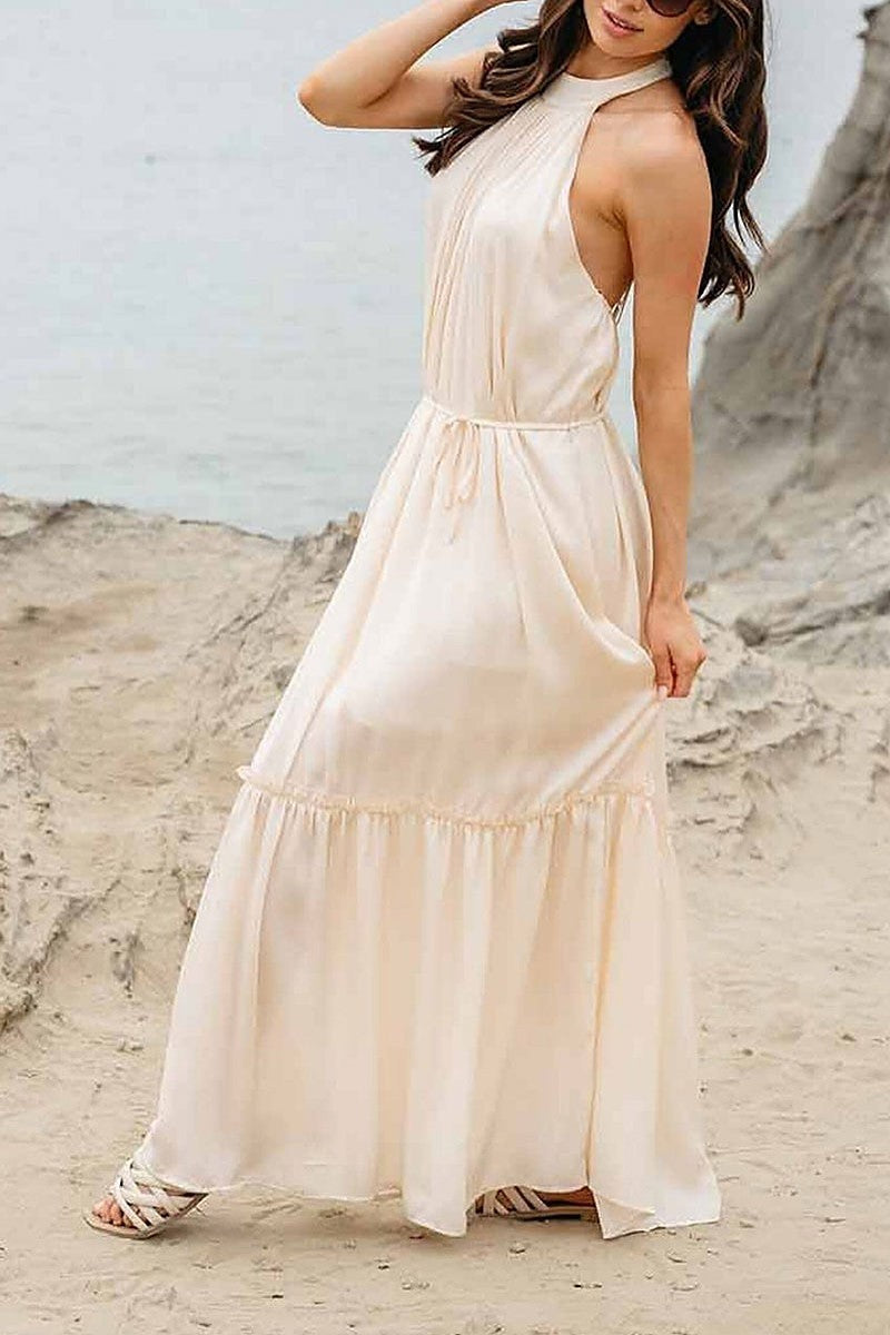 Sleeveless halter neck open back tiered maxi dress (EGWT1367)