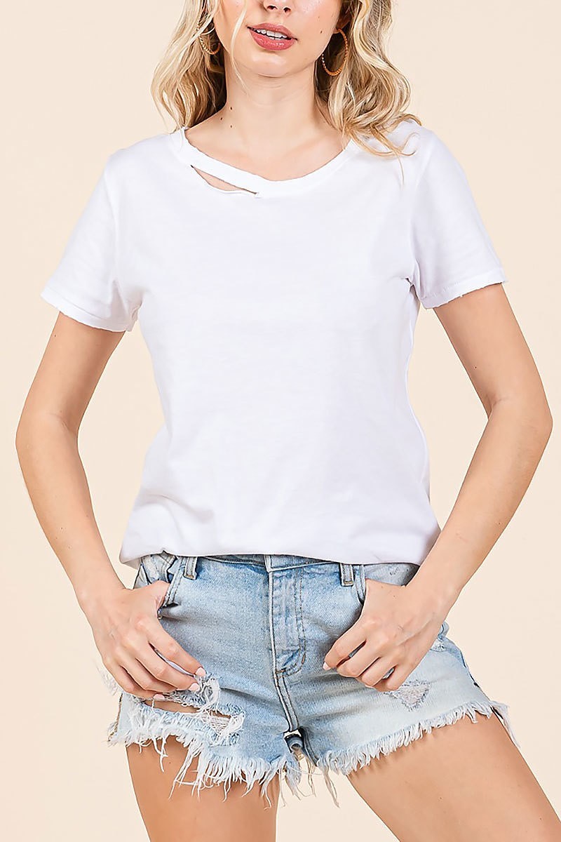 Vintage cut out solid short sleeve t-shirt (EDH2178)