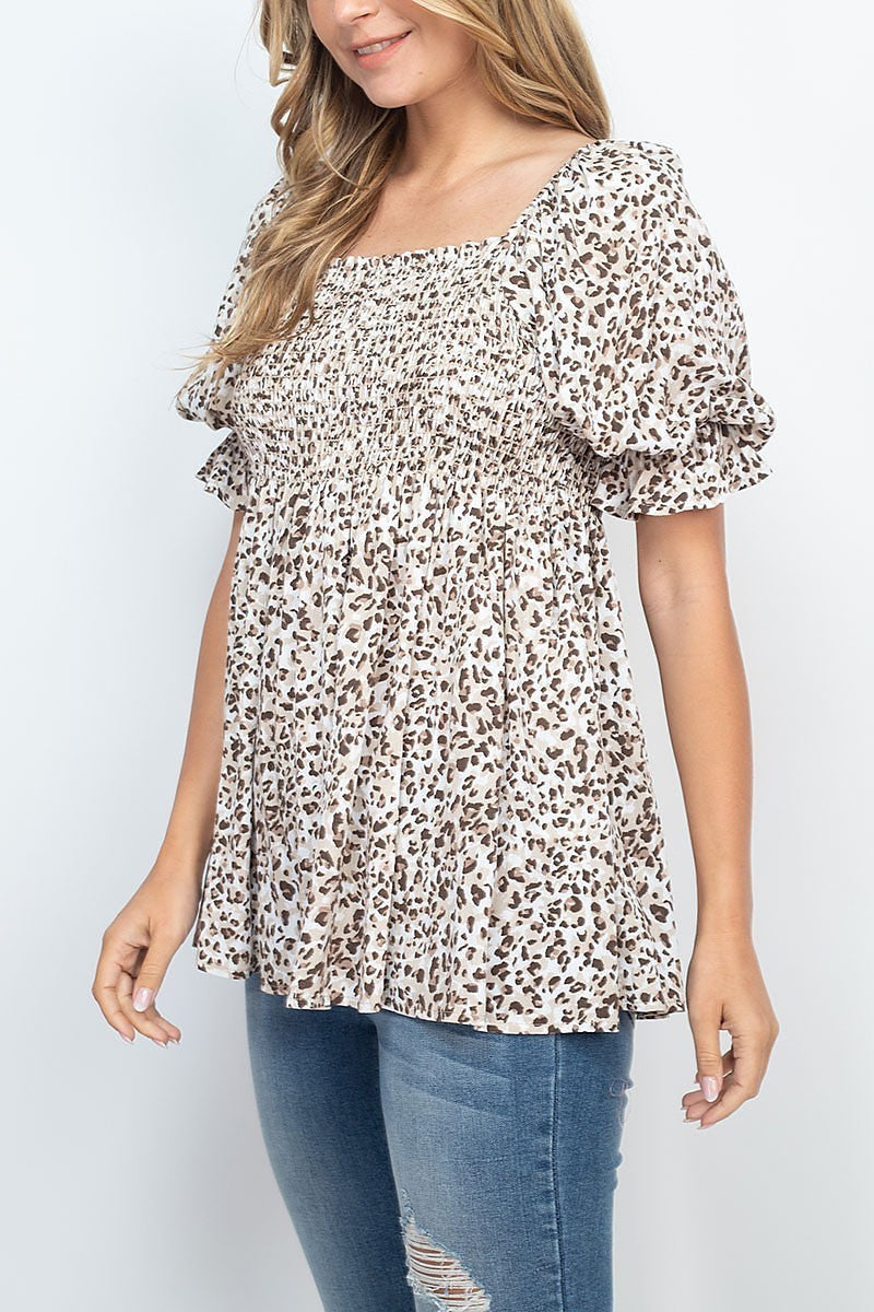 Square neckline puff sleeve smoked leopard top (EF5579)