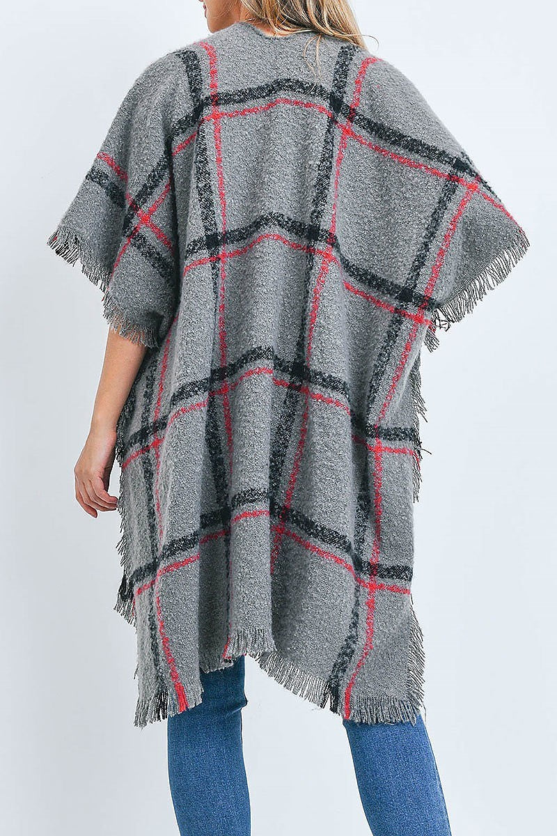 Plaid open front fringe kimono (DGS5409)