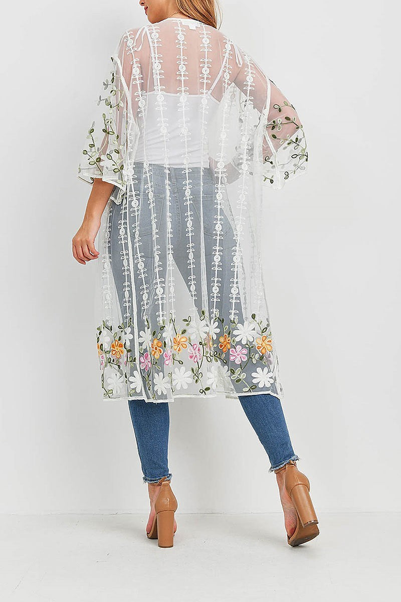 Multi floral embroidered sheer kimono top (EF1067)