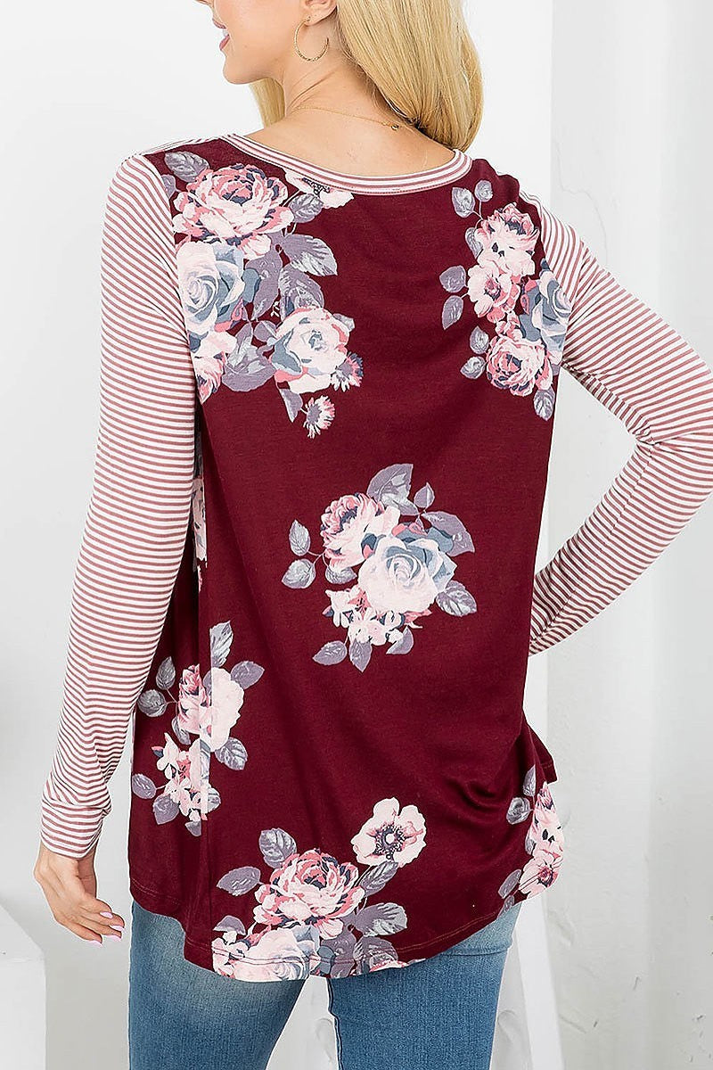 Floral print back stripe color block top (EF4155)