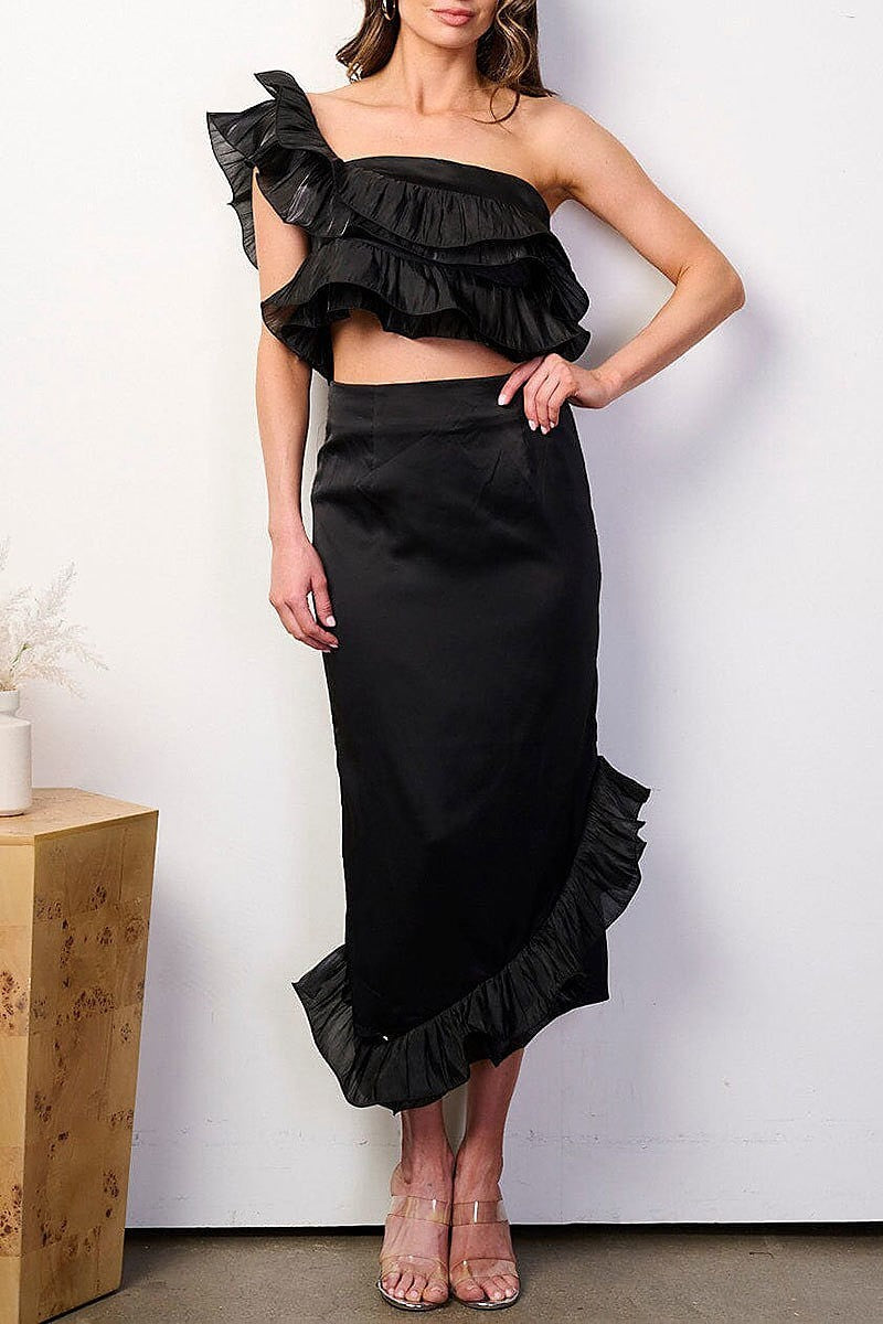 One shoulder crop top & maxi skirt ruffle set (EFWT8536)