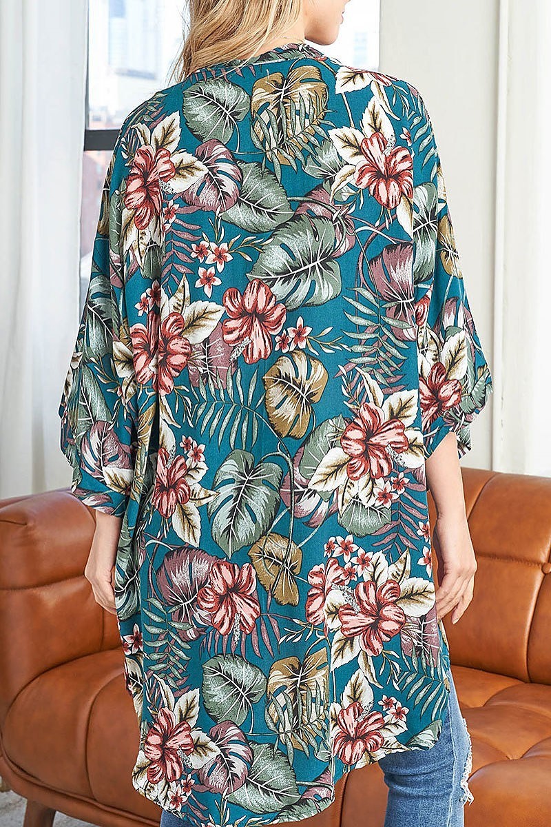 Tropical floral print open front bohemian kimono (EF3128)