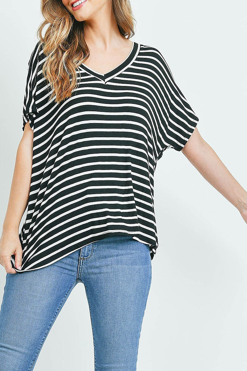 V neck stripe loose fit top (ED9531)