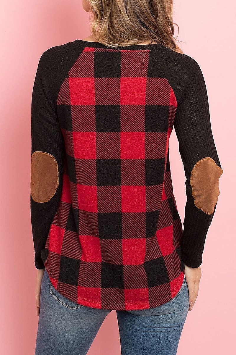 Elbow patched rib detail sleeve plaid top (ED8306-LAST)