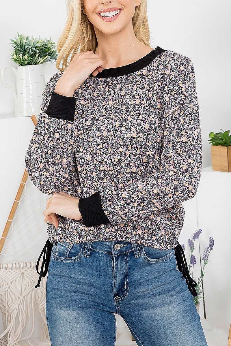 Waist tie floral print round neck top (EF3008)