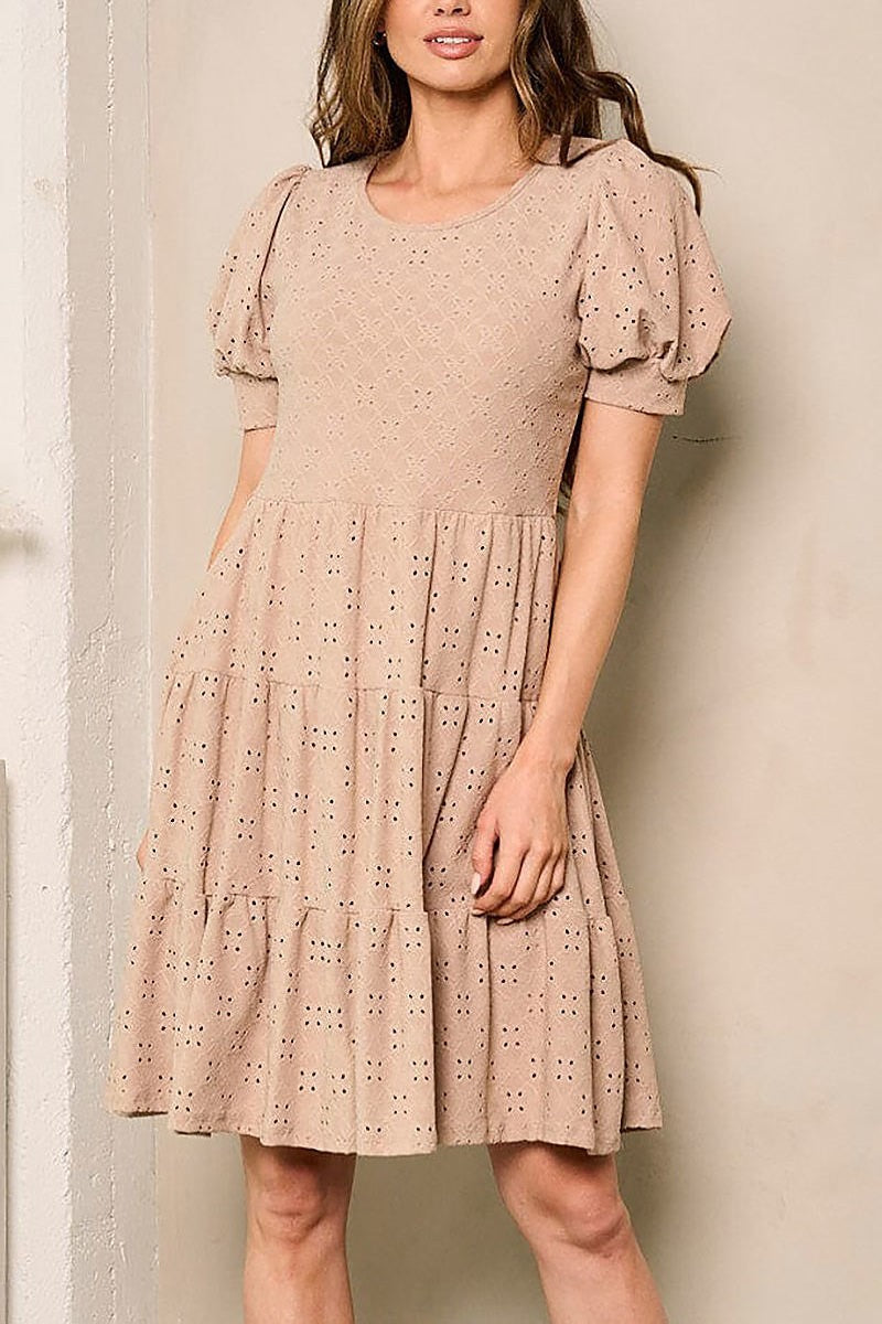 Short puff sleeves eyelet detailed mini dress (EFWT4242)