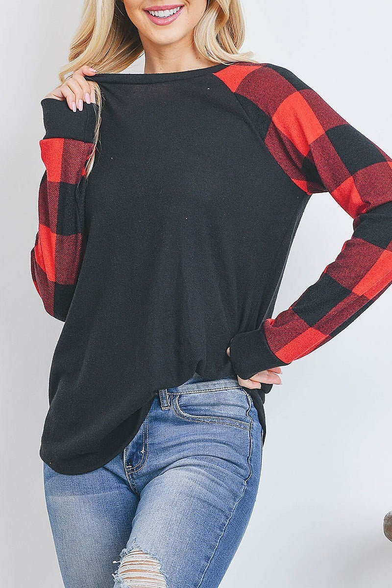 Plaid long sleeve dolphin hem top (EF2733)