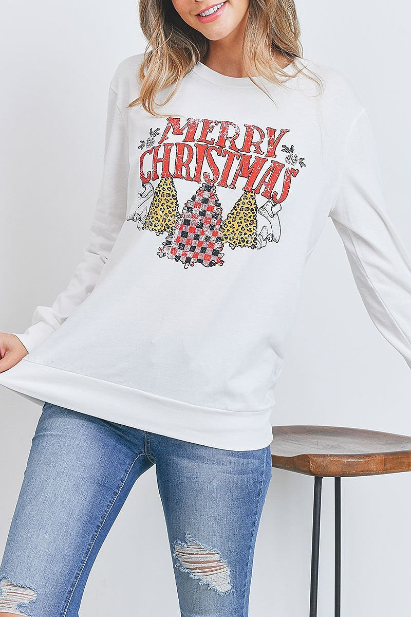 Merry christmas print long sleeve pullover top (EF2749)