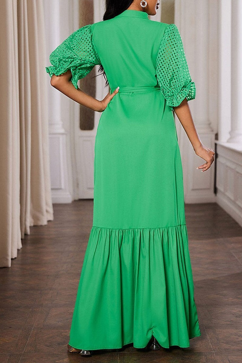 Short puff sleeve v-neck ruffle maxi dress (EGWT1099)