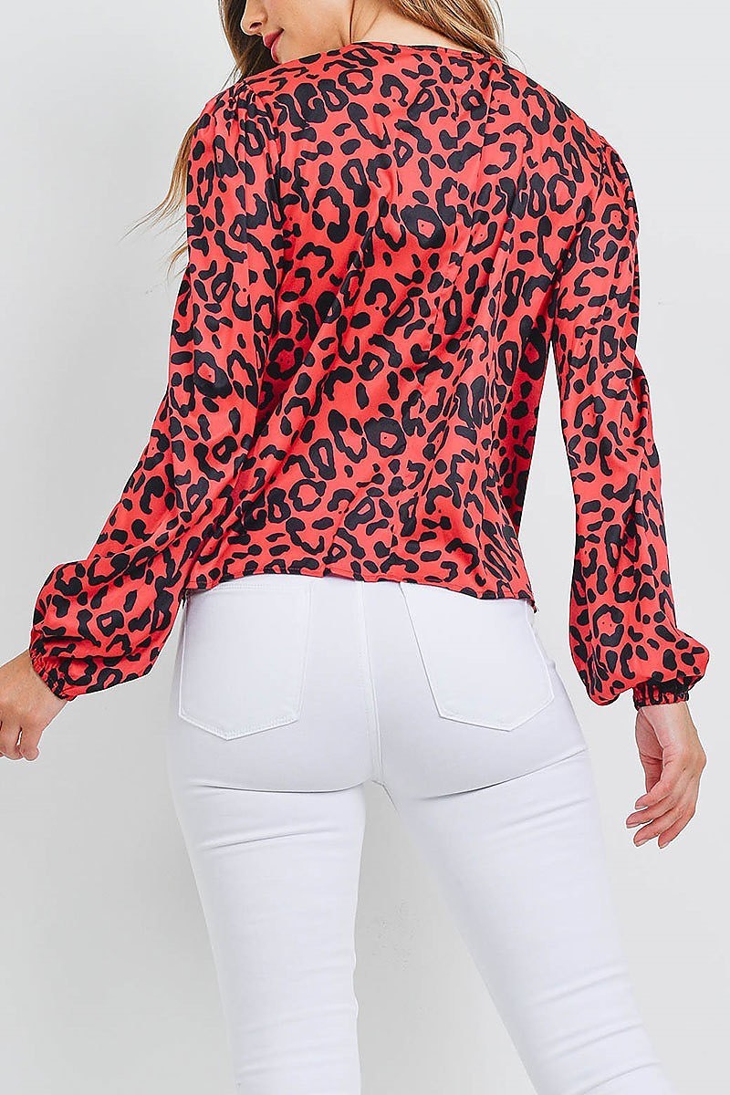 Animal print bubble sleeve v neck top (EF1249)