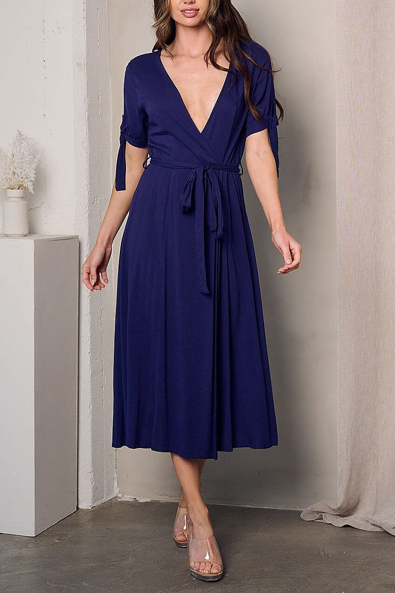 Short sleeve surplice self tie midi dress (EFWT2799)