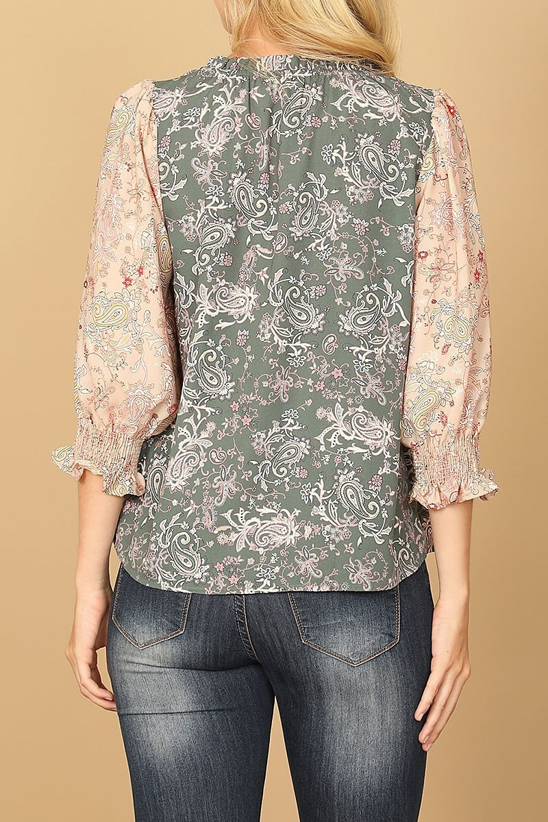 Paisley smocked half sleeve contrast top (EF7863)