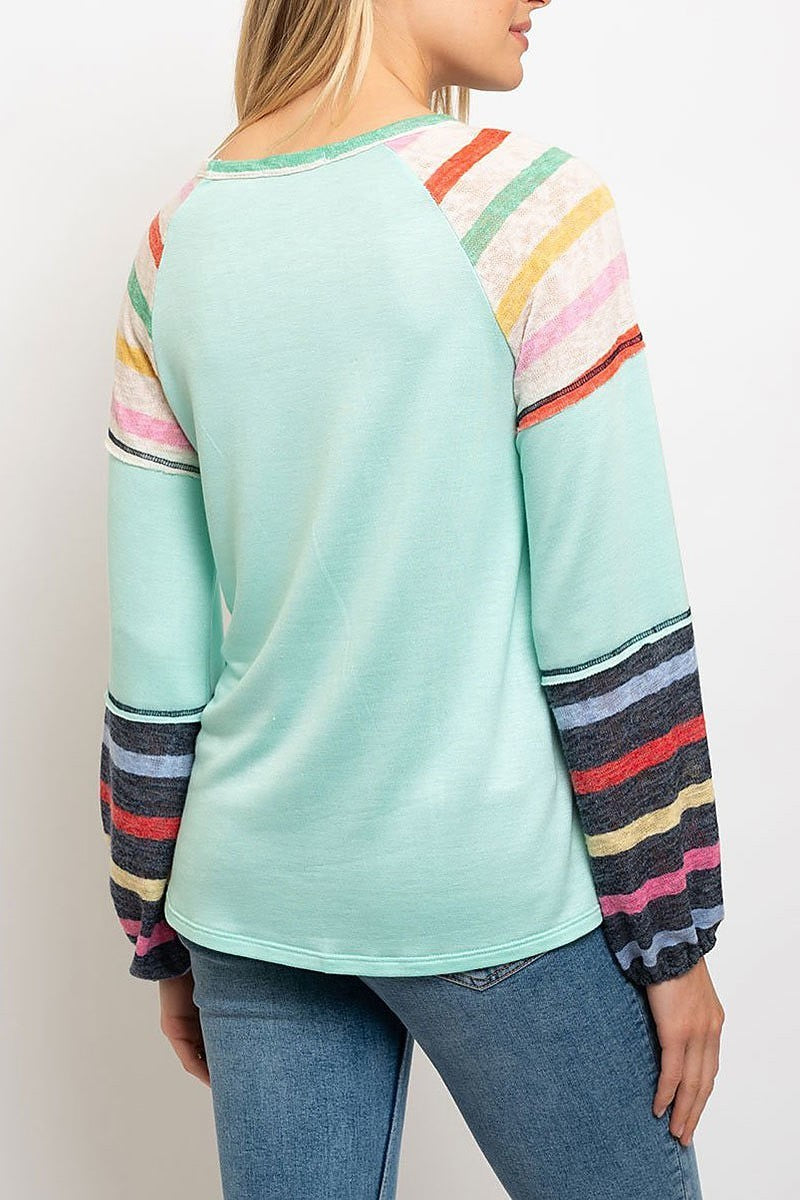 Multi color stripes bubble sleeves top (EDWT1704)