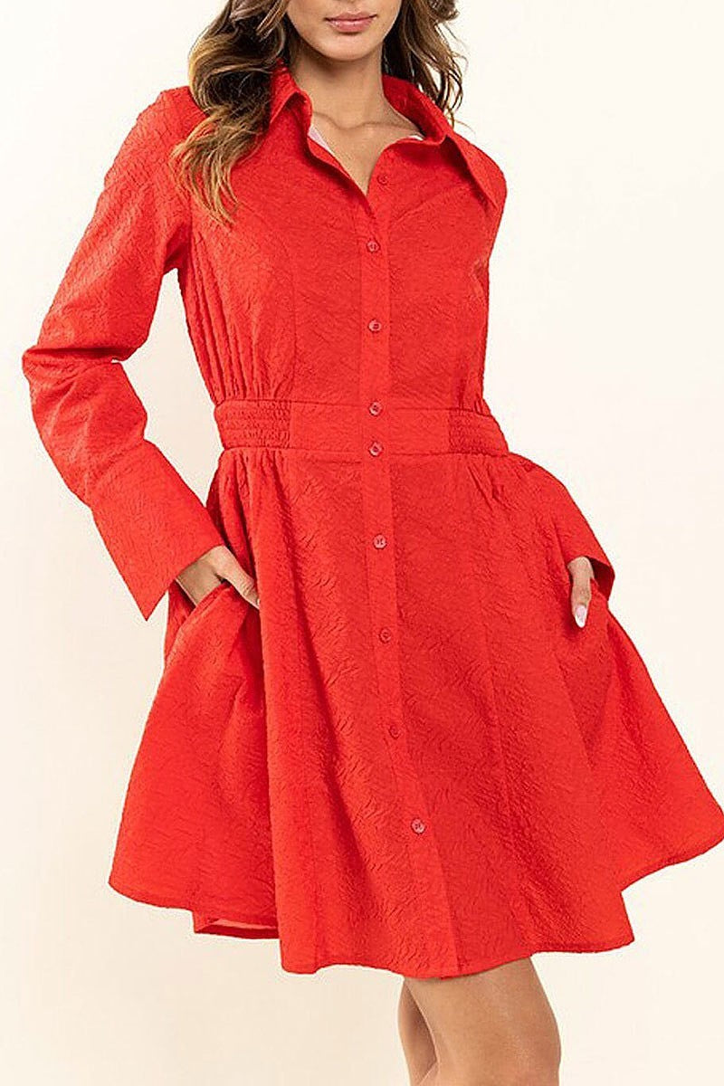 Long sleeve button up pockets detailed mini dress (EFWT8721)