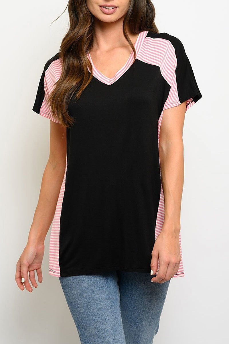 Stripe contrast short sleeve color block top (EDWT4095)