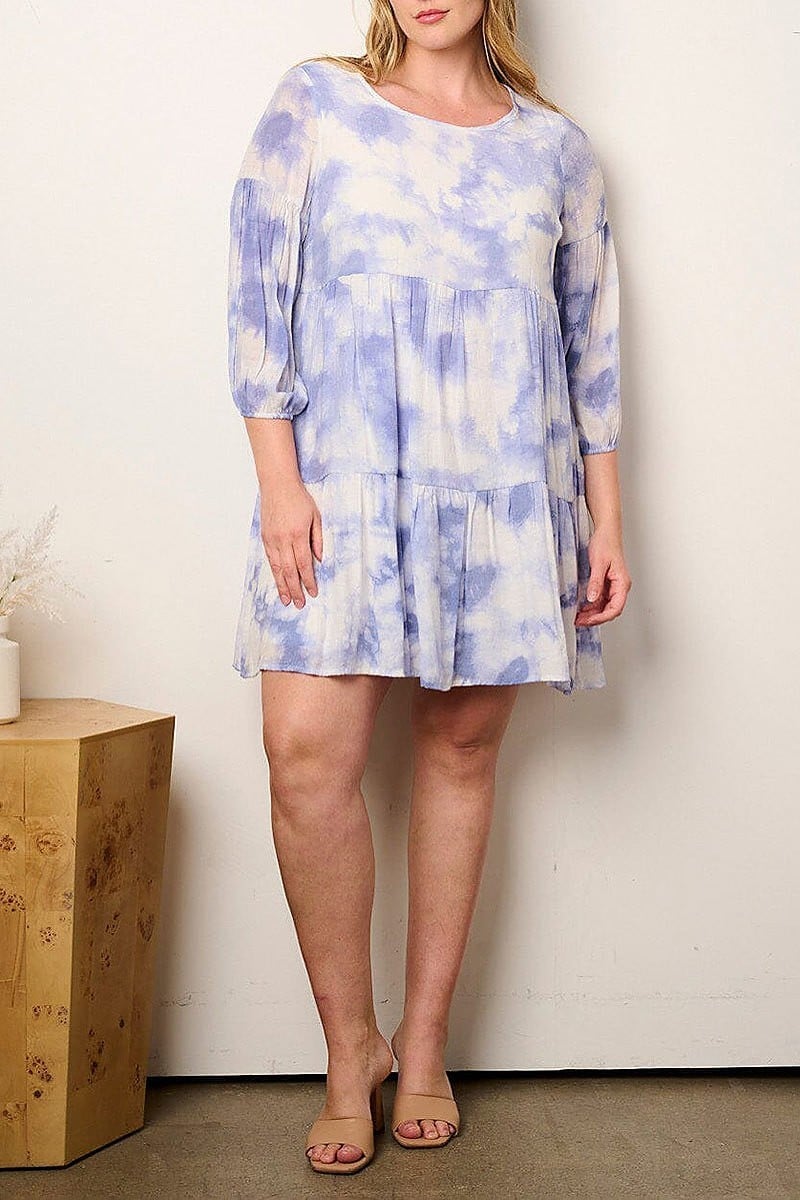 3/4 sleeve tie dye tiered tunic mini dress (EFWT9029)