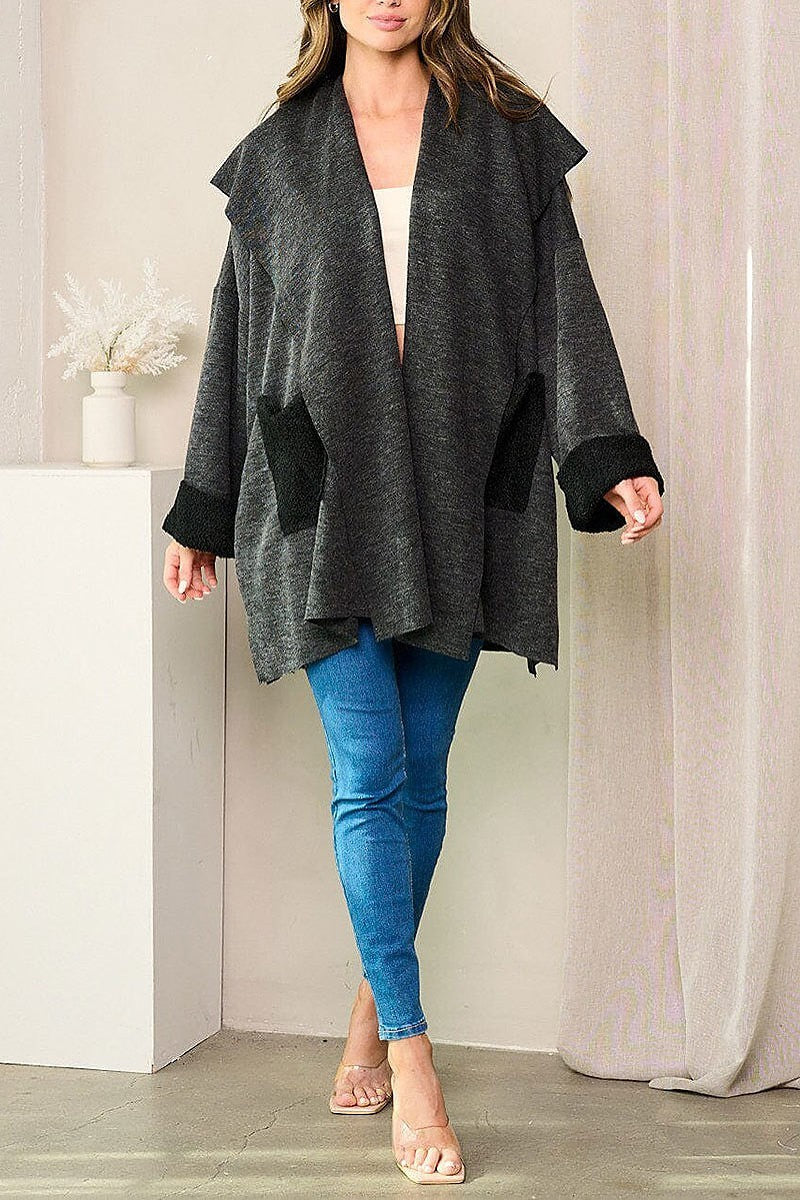 Long sleeves pockets open front cardigan (EFWT3851)