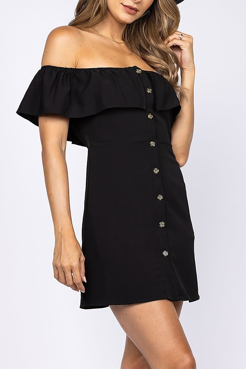 Off shoulder ruffle detail button front mini dress (EDSW1133)