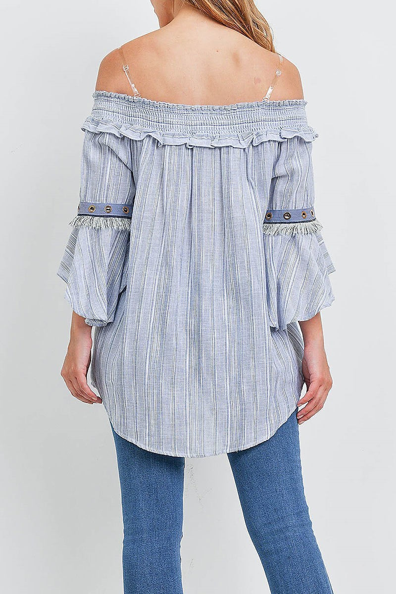 Off shoulder fringe detail bell sleeve stripe top (EF1214)