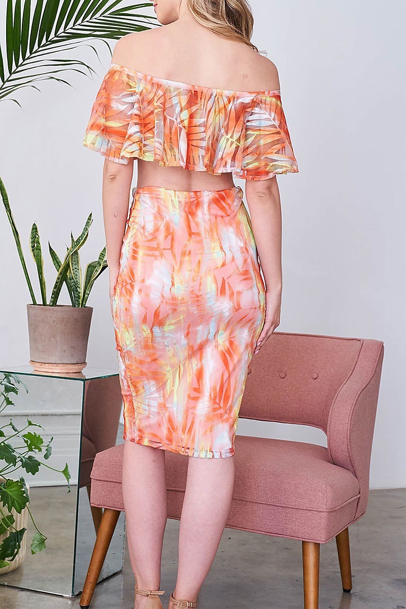 Tropical print off shoulder top and skirt set (EF3448)