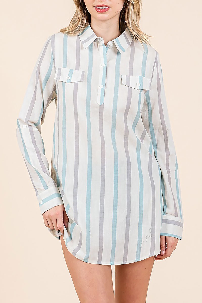 Roll up sleeve stripe tunic top with front button (EDH2156)