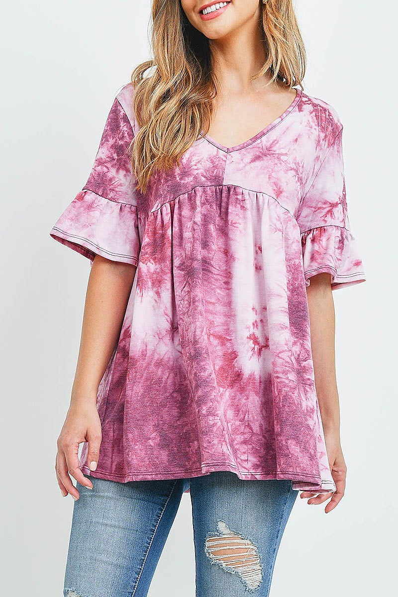 V neck ruffle sleeve tie dye top (ED9618)