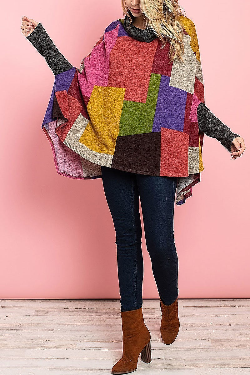 Cowl square print color block poncho sweater top (ED7901)