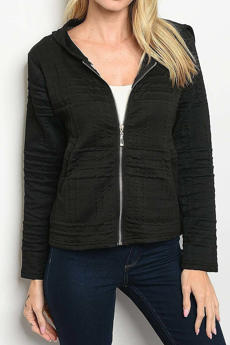 Textured plaid zipper front hoodie jacket (DGS3838-3)