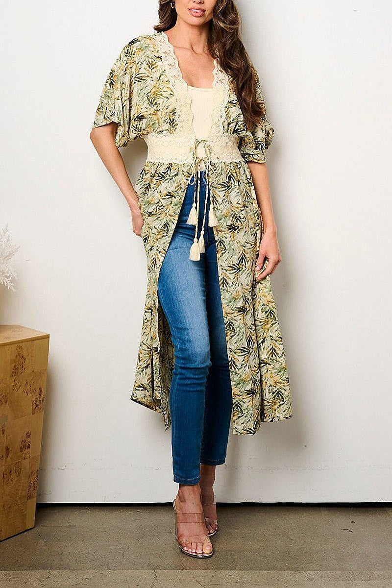 Short sleeve open front floral print kimono (EFWT8852)