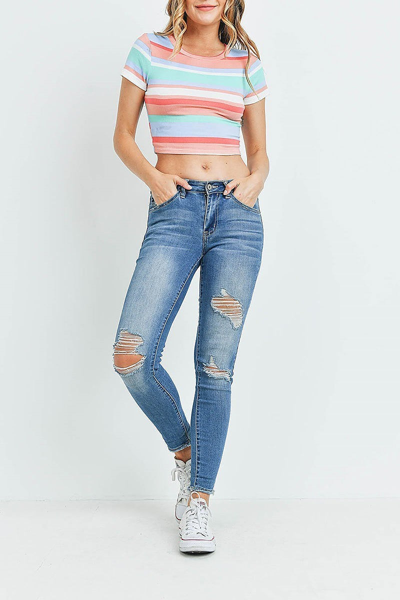 Crew neck short sleeve stripe crop top (ED9750)