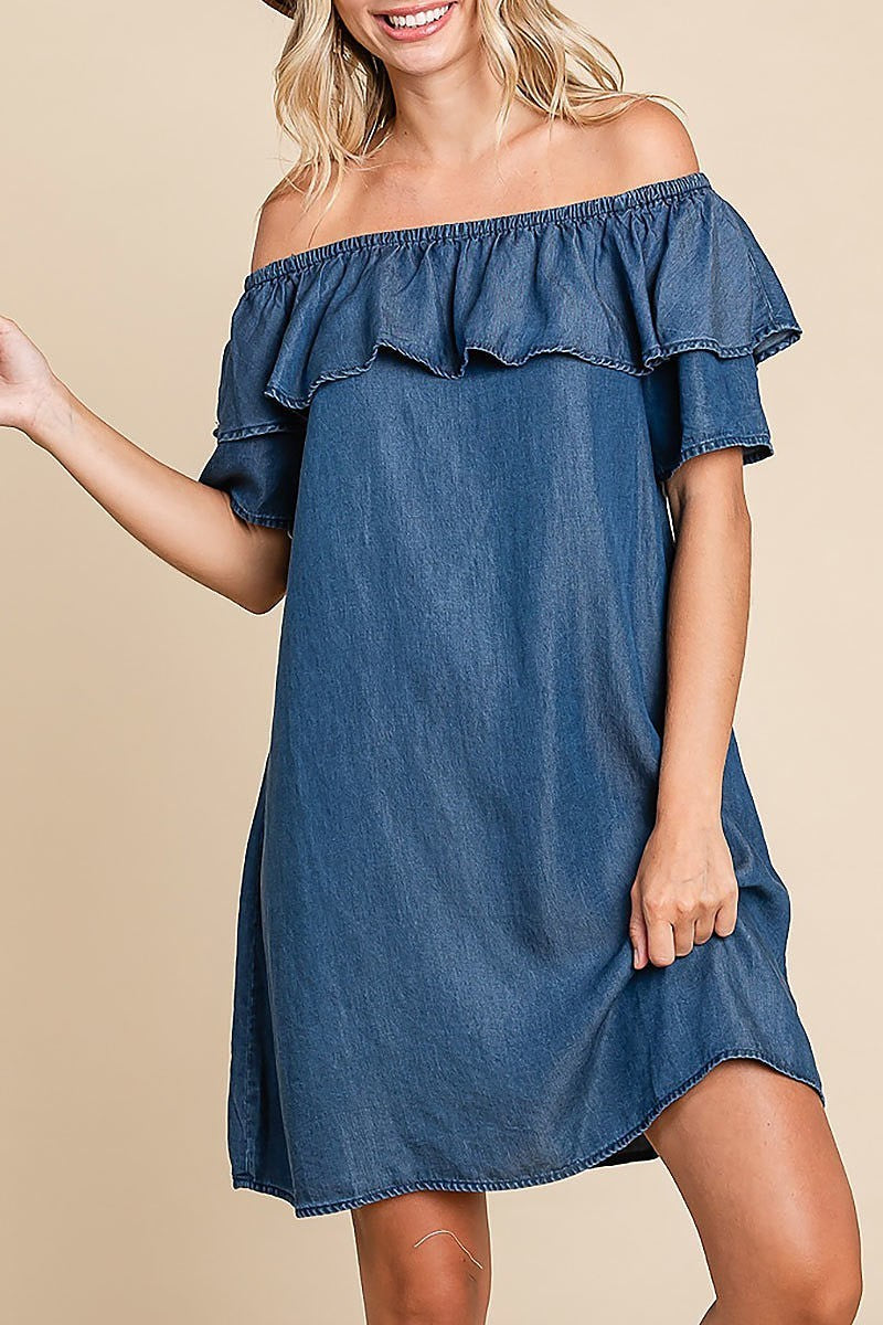 Chambray off-shoulder frilled neckline mini dress (EDH1629)