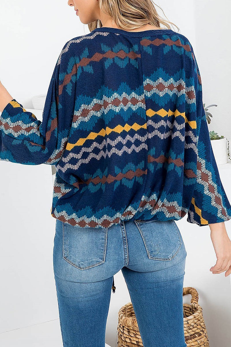 Geo print waist tie wide sleeve top (EF2432)